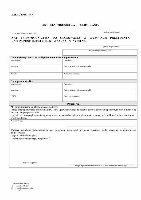APP Akt pełnomocnictwa do głosowania w wyborach Prezydenta Rzeczypospolitej Polskiej