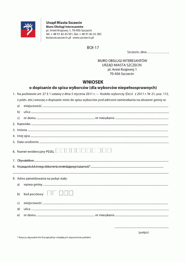 WDSW-Sz(n) (archiwalny) Wniosek o dopisanie do spisu wyborców (dla wyborców niepełnosprawnych) Szczecin