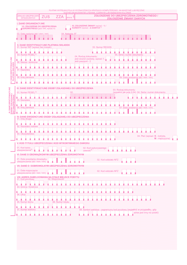 ZUS ZZA Zgłoszenie do ubezpieczenia zdrowotnego / zgłoszenie zmiany danych