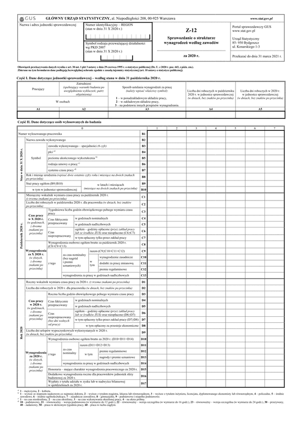 GUS Z-12 (2020) (archiwalny) Sprawozdanie o strukturze wynagrodzeń według zawodów