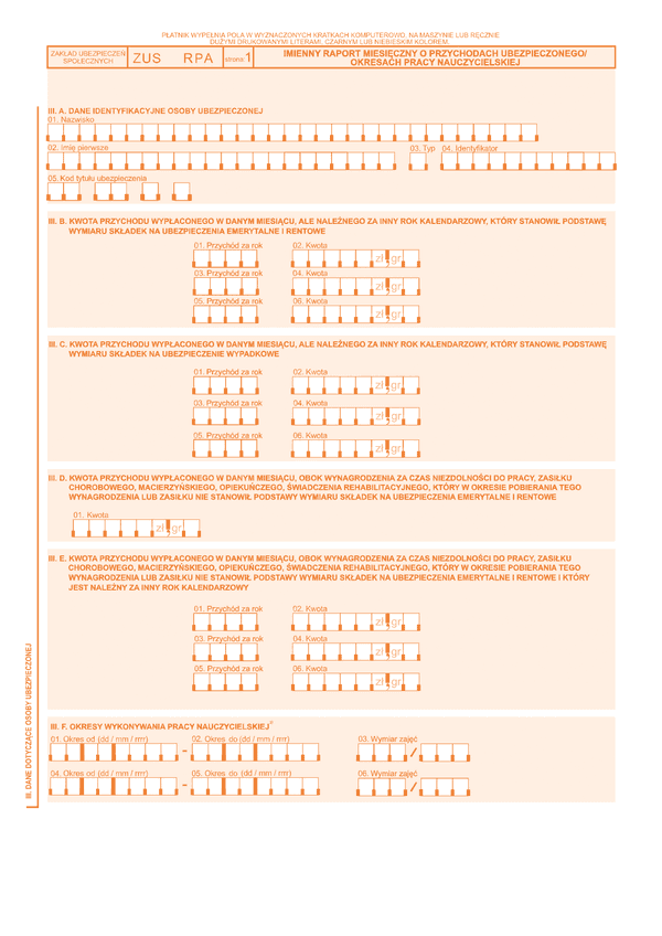 ZUS RPA zal Załącznik do Imiennego raportu miesięcznego o przychodach ubezpieczonego/okresach pracy nauczycielskiej - z wysyłką do PUE ZUS