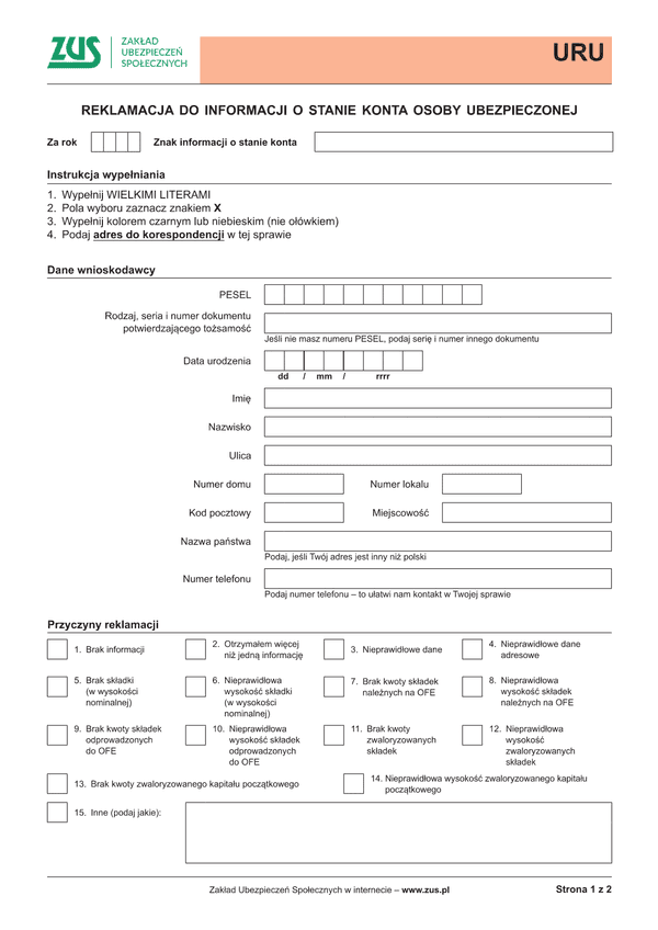 ZUS URU (archiwalny) Reklamacja do informacji o stanie konta osoby ubezpieczonej