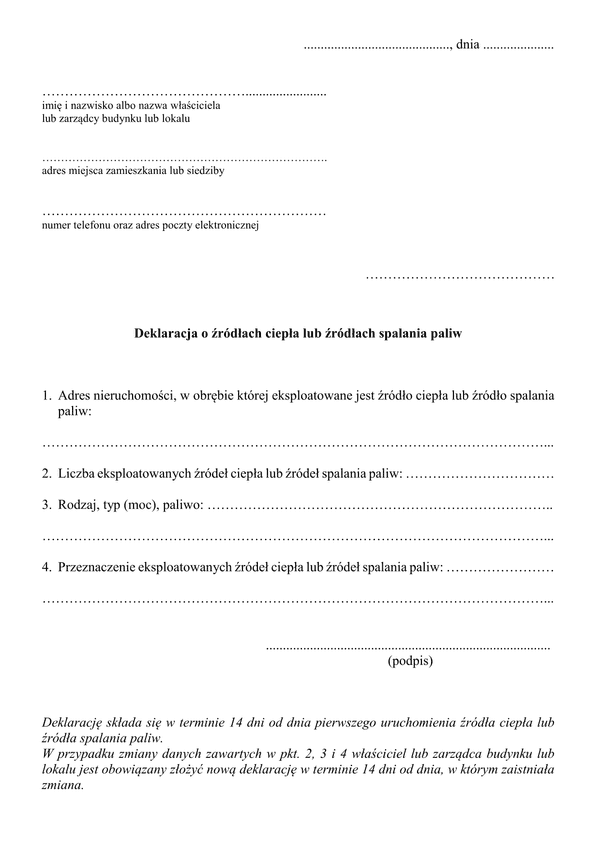 DoZC Deklaracja o źródłach ciepła lub źródłach spalania paliw