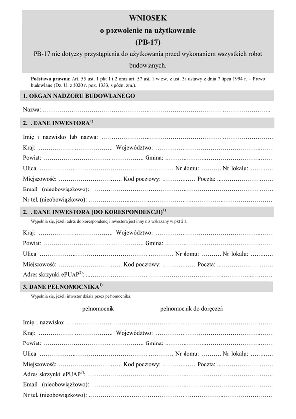 PB-17 Wniosek o pozwolenie na użytkowanie