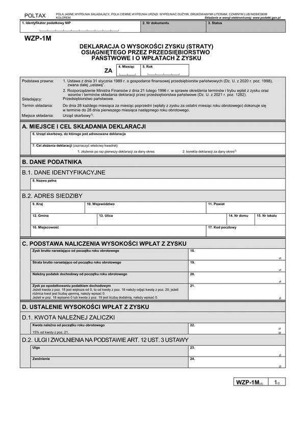 WZP-1M (4) Deklaracja o wysokości zysku (straty) osiągniętego przez przedsiębiorstwo państwowe i o wpłatach z zysku