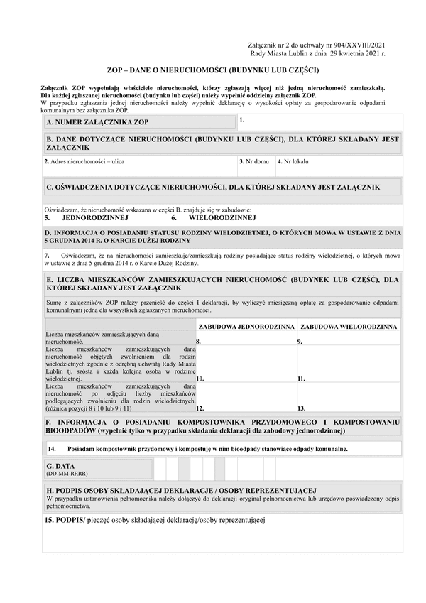 ZOP Dane o nieruchomości - załącznik do deklaracji o wysokości opłaty za gospodarowanie odpadami komunalnymi - Lublin