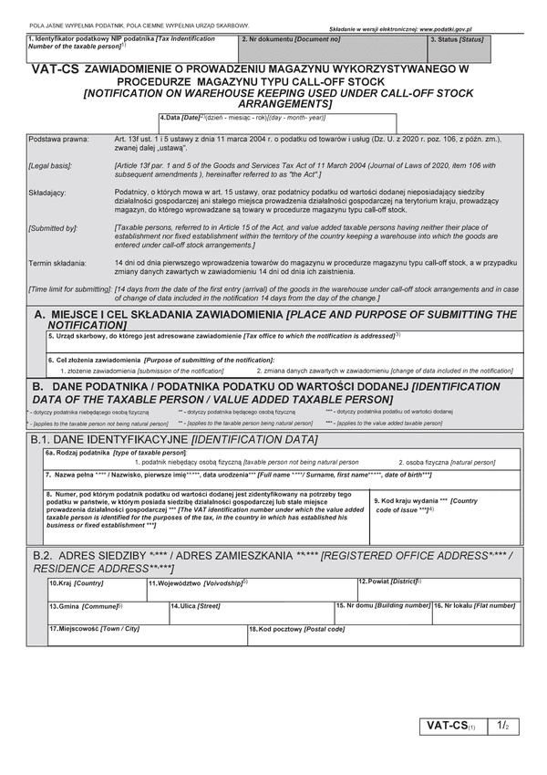 VAT-CS (1) Zawiadomienie o prowadzeniu magazynu wykorzystywanego w procedurze magazynu typu call-off stock