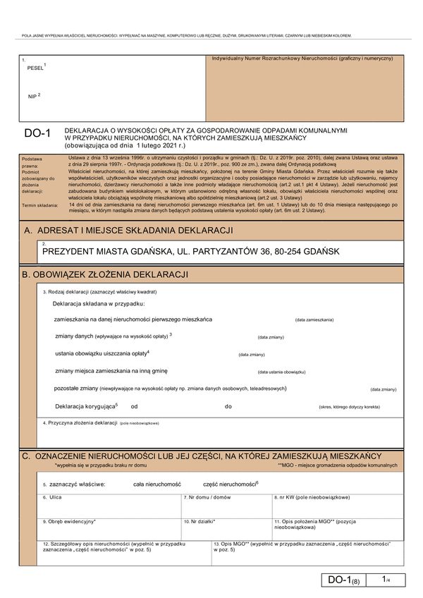 DO-1 G (archiwalny) Deklaracja o wysokości opłaty za gospodarowanie odpadami komunalnymi w przypadku nieruchomości, na których zamieszkują mieszkańcy