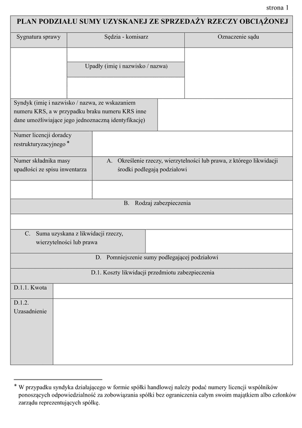 PPSRO Plan podziału sumy uzyskanej ze sprzedaży rzeczy obciążonej