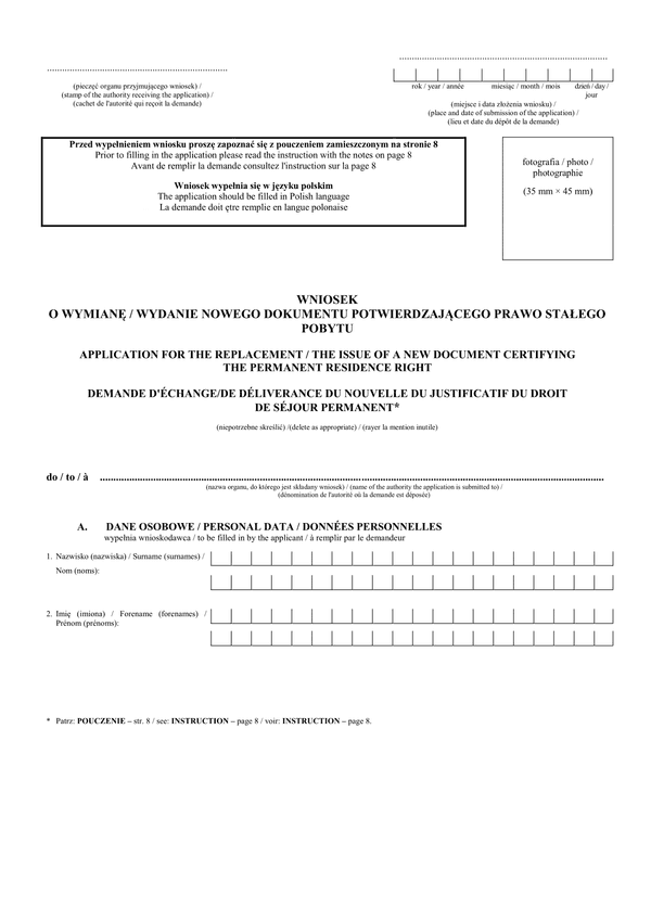 WoWDPPS Wniosek o wydanie/wymianę nowego dokumentu potwierdzającego prawo stałego pobytu (UE)