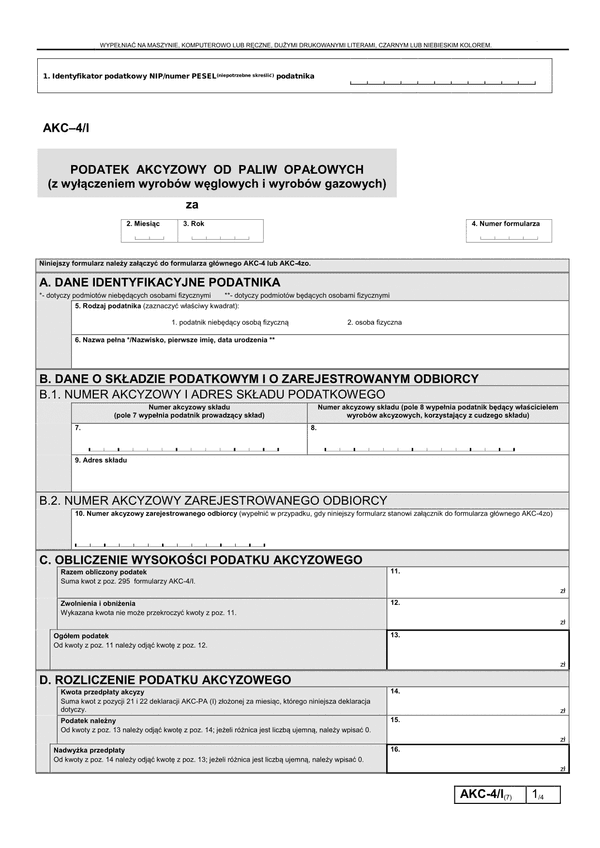 AKC-4/I (7) (archiwalny) Podatek akcyzowy od paliw opałowych (z wyłączeniem wyrobów węglowych i wyrobów gazowych)