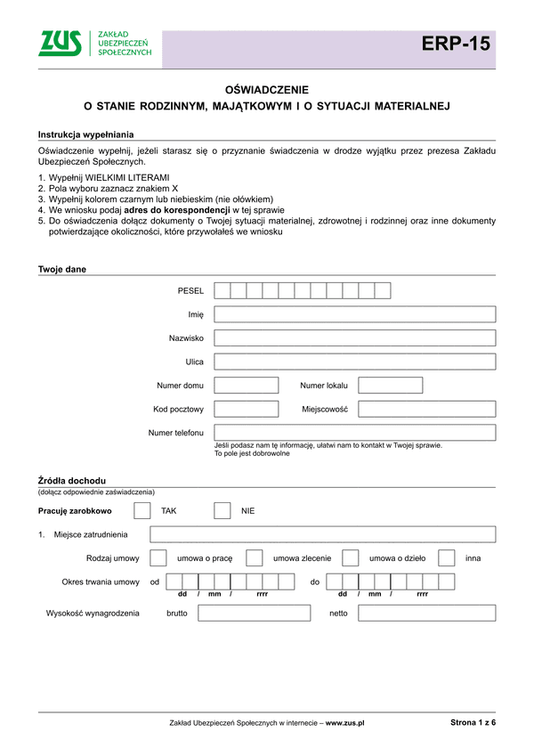 ZUS ERP-15 Oświadczenie o stanie rodzinnym, majątkowym i o sytuacji materialnej