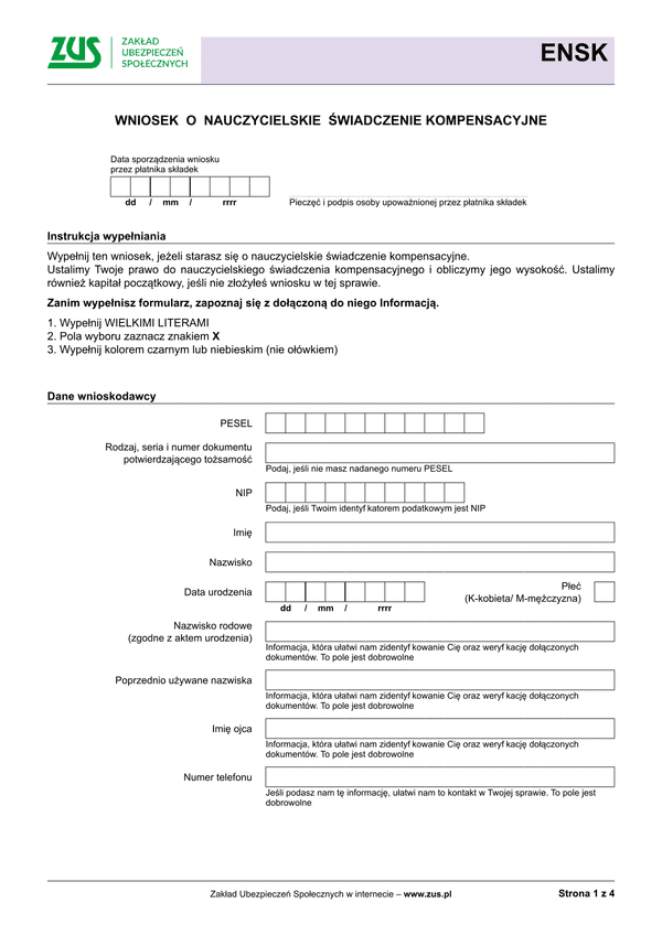 ZUS ENSK (archiwalny) Wniosek o nauczycielskie świadczenie kompensacyjne