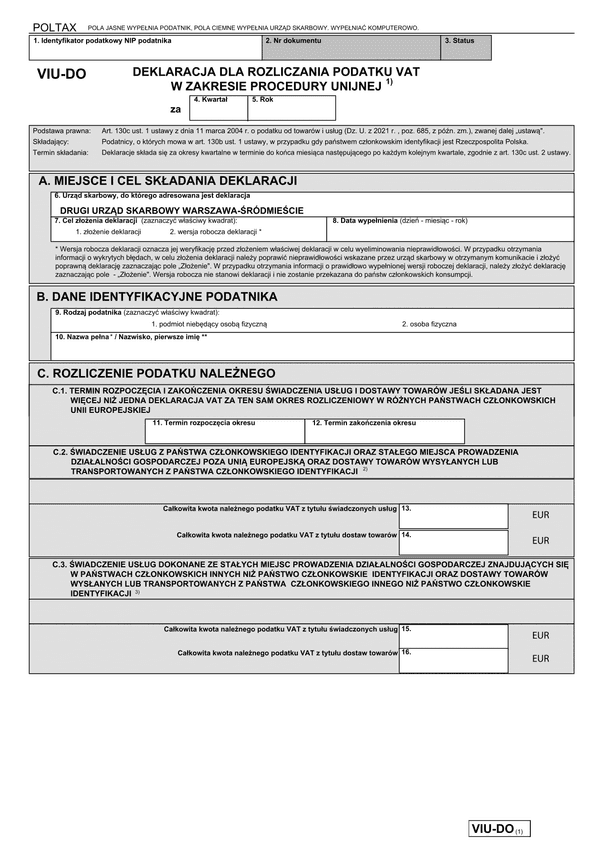 VIU-DO (OSS) (archiwalny) Deklaracja dla rozliczenia podatku VAT w zakresie procedury unijnej