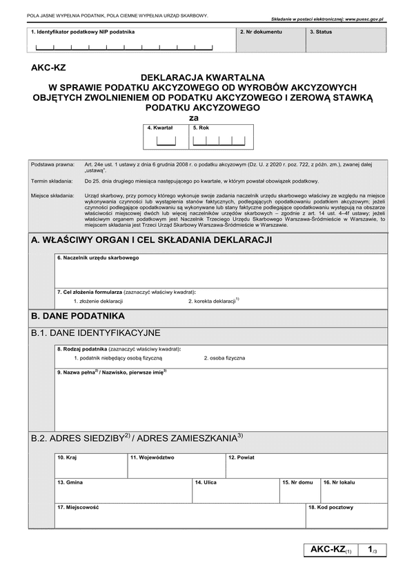 AKC-KZ (1) (archiwalny) Deklaracja kwartalna w sprawie podatku akcyzowego od wyrobów akcyzowych objętych zwolnieniem od podatku akcyzowego i zerową stawką  podatku akcyzowego