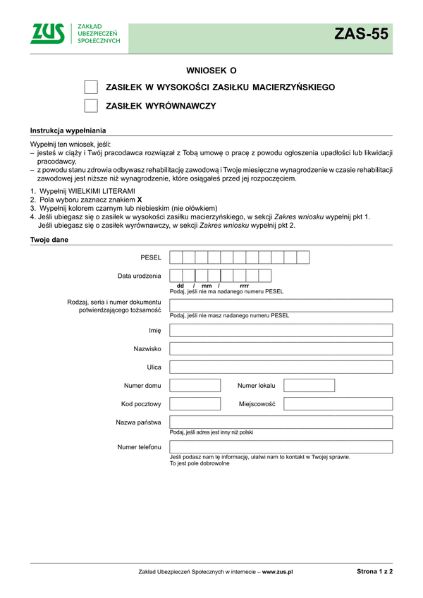 ZUS ZAS-55 (archiwalny) Wniosek o zasiłek w wysokości zasiłku macierzyńskiego i zasiłek wyrównawczy - wersja papierowa