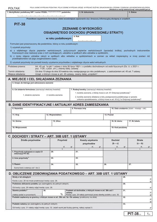 PIT-38 (15) (archiwalny) (2021) Zeznanie o wysokości osiągniętego dochodu (poniesionej straty)