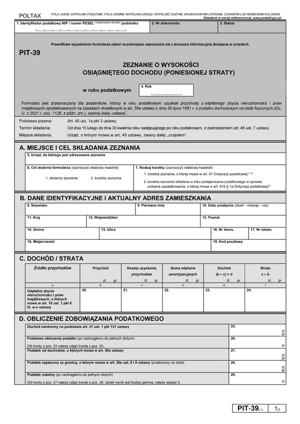 PIT-39 (11) (archiwalny) (2021) Zeznanie o wysokości osiągniętego dochodu (poniesionej straty)