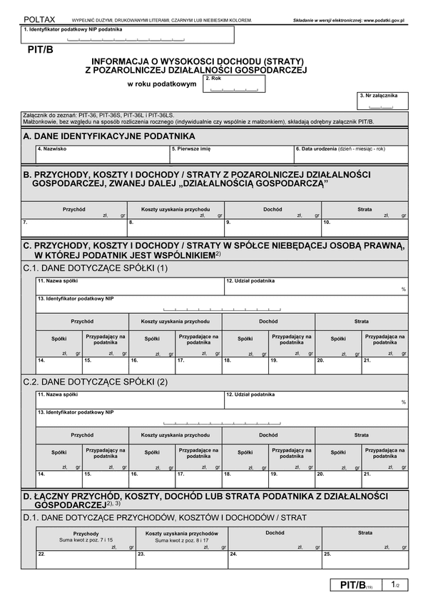 PIT/B (19) (archiwalny) (2021) Informacja o wysokości dochodu (straty) z pozarolniczej działalności gospodarczej