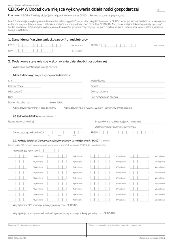 CEIDG-MW (2.1) Dodatkowe miejsca wykonywania działalności gospodarczej