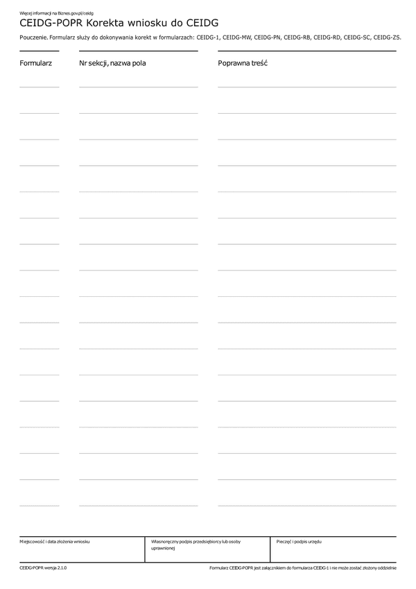 CEIDG-POPR (2.1) Wniosek o wpis do ewidencji działalności gospodarczej - korekta pomyłek