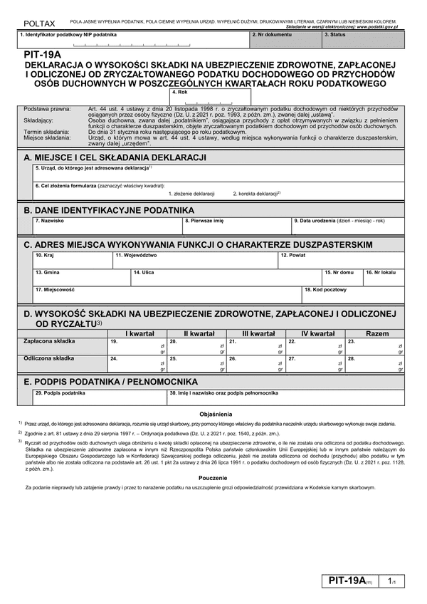 PIT-19A (11) (2021-2024) Deklaracja o wysokości składki na ubezpieczenie zdrowotne, zapłaconej i odliczonej od zryczałtowanego podatku dochodowego od przychodów osób duchownych w poszczególnych kwarta