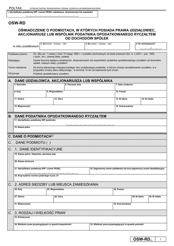 OSW-RD (2) Oświadczenia o podmiotach, w których posiada prawa udziałowiec lub akcjonariusz podatnika opodatkowanego ryczałtem od dochodów spółek kapitałowych