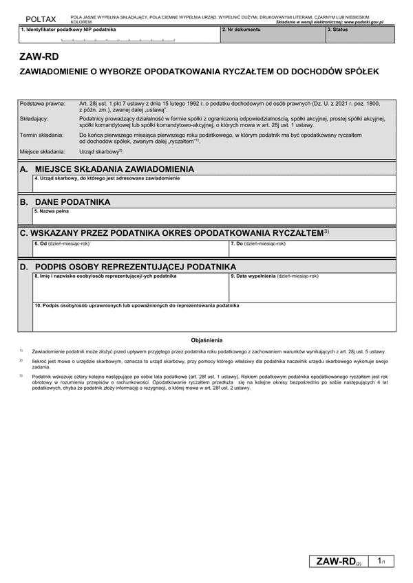 ZAW-RD (2) (2022-2025) Zawiadomienie o wyborze opodatkowania ryczałtem od dochodów spółek kapitałowych