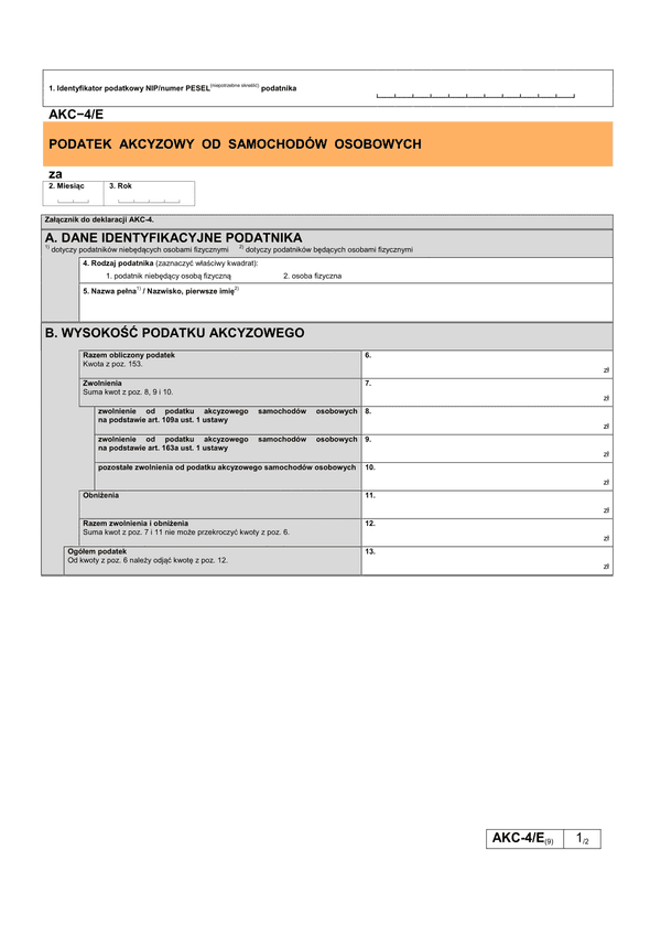 AKC–4/E (9) Podatek akcyzowy od samochodów osobowych 