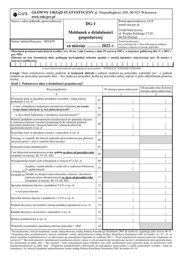 GUS DG-1 (2022) (archiwalny) Meldunek o działalności gospodarczej