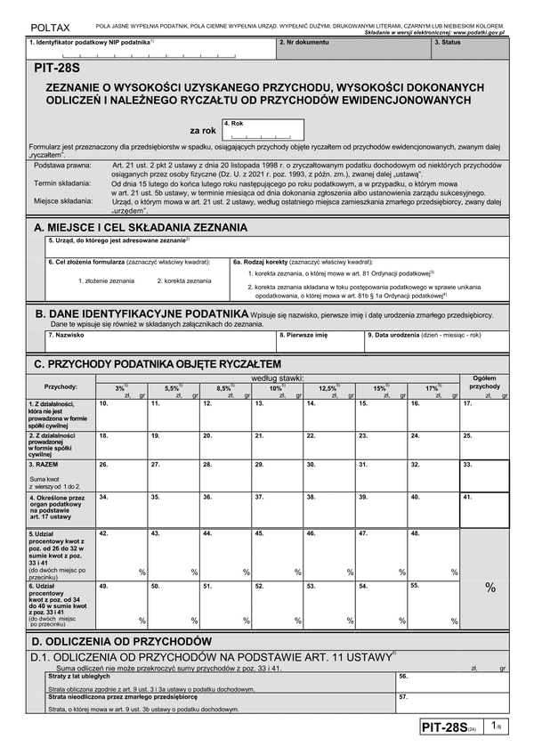 PIT-28S (24) (archiwalny) (2021) Zeznanie o wysokości uzyskanego przychodu, wysokości dokonanych odliczeń i należnego ryczałtu od przychodów ewidencjonowanych za 2021