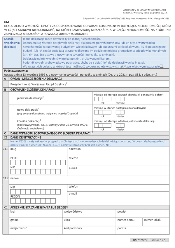 DM Deklaracja o wysokości opłaty za gospodarowanie odpadami komunalnymi dla nieruchomości, która w części stanowi nieruchomość, na której zamieszkują mieszkańcy