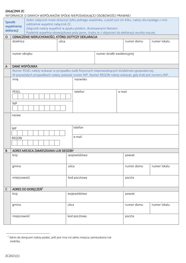 ZC mz Załącznik do deklaracji DM i DZ - Informacje o danych wspólników spółki nieposiadającej osobowości prawnej