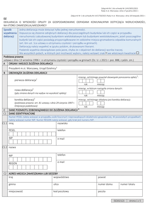 DZ Deklaracja o wysokości opłaty za gospodarowanie odpadami komunalnymi dotycząca nieruchomości na której zamieszkują mieszkańcy(Warszawa)