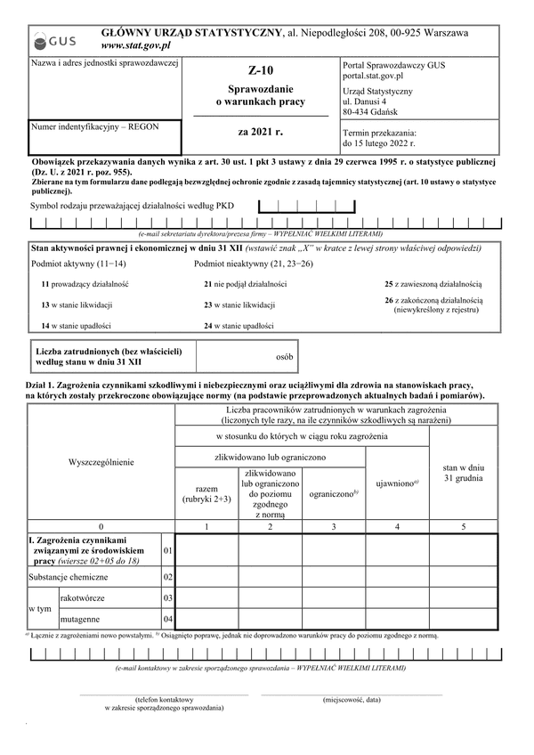 GUS Z-10 (2021) (archiwalny) Sprawozdanie o warunkach pracy za 2021 rok