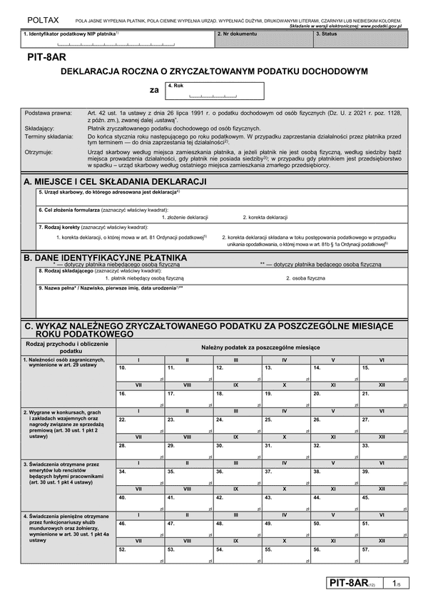PIT-8AR (12) (archiwalny) (2022) Deklaracja roczna o zryczałtowanym podatku dochodowym
