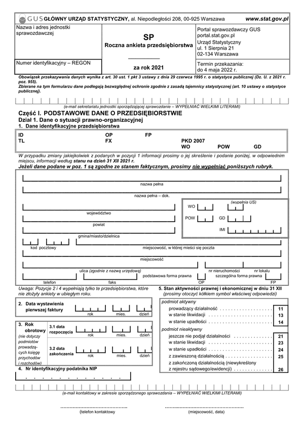 GUS SP (2021) (archiwalny) Roczna ankieta przedsiębiorstwa za rok 2021