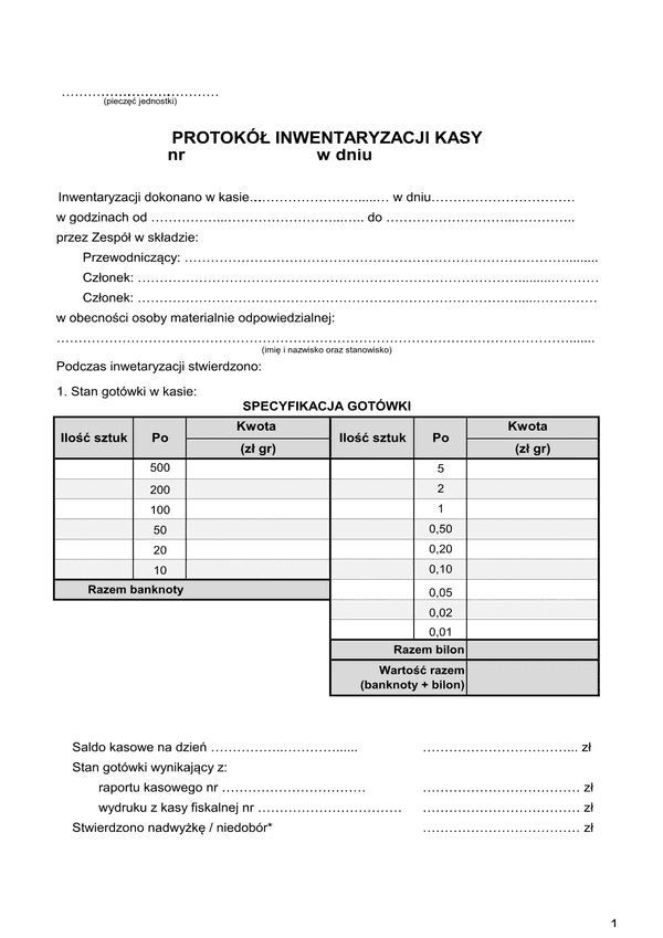Pik Protokół inwentaryzacji kasy