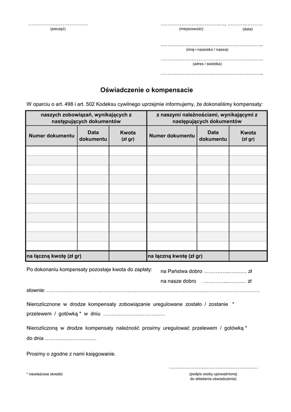 Ookz (archiwalny) Oświadczenie o kompensacie zobowiązań