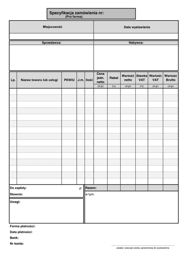 SZ (archiwalny) Specyfikacja zamówienia (Pro forma) - 15 pozycji