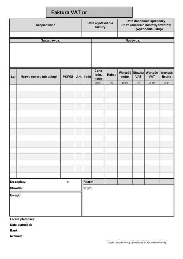 FV(n) (od 2013) (archiwalny) Faktura VAT netto (liczona od cen jednostkowych netto - 15 pozycji)