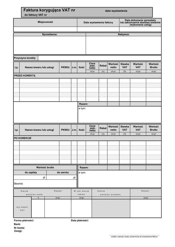 FVKOR(n) (od 2013) (archiwalny) Faktura korygująca VAT netto