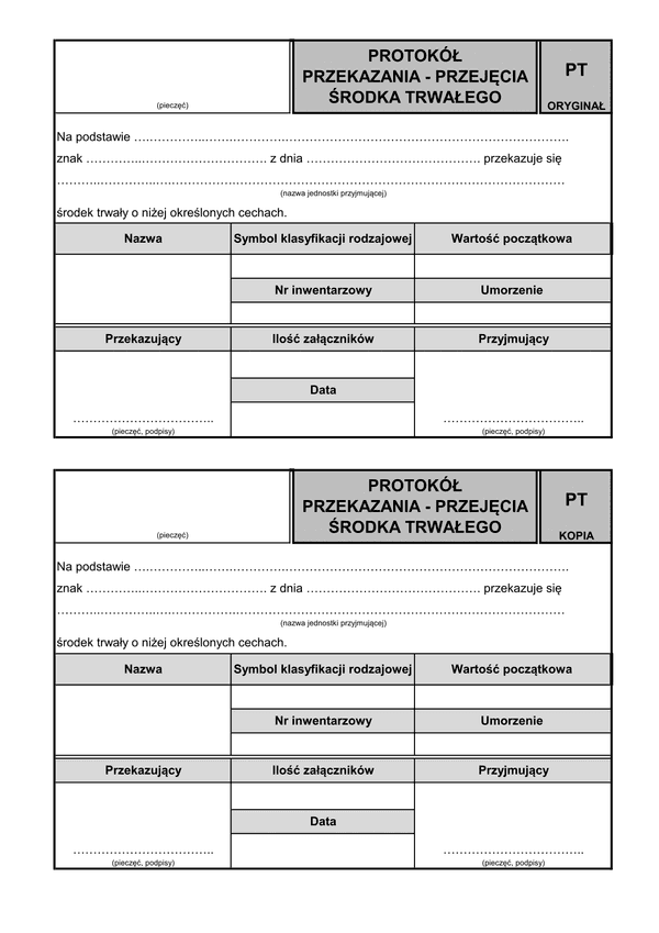 PT Protokół przekazania - przejęcia środka trwałego