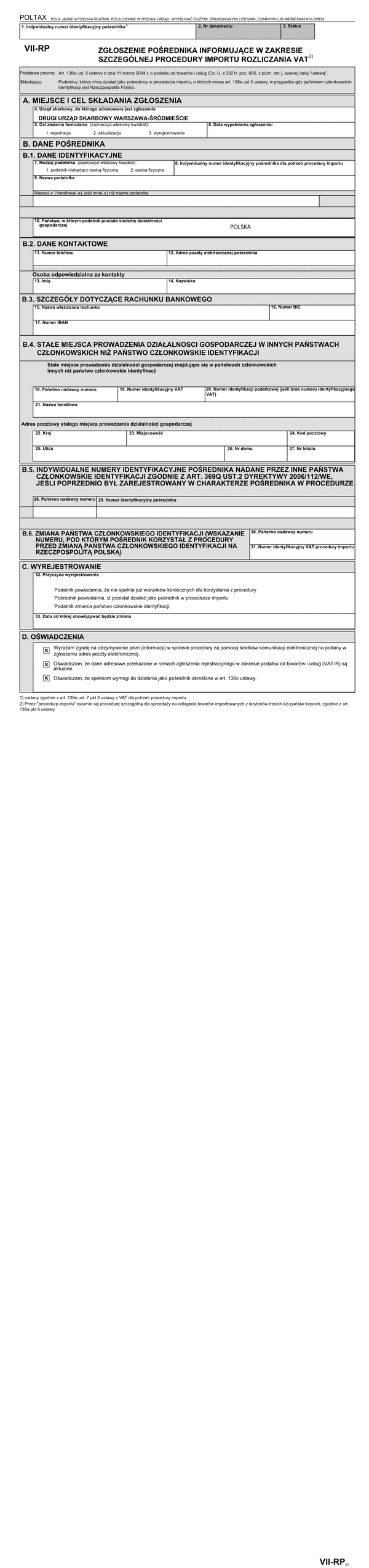VII-RP (IOSS) (2) Zgłoszenie pośrednika informujące w zakresie szczególnej procedury rozliczania VAT