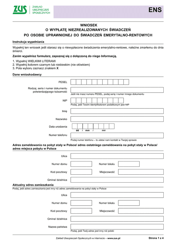 ZUS ENS (archiwalny) Wniosek o wypłatę niezrealizowanych świadczeń po osobie uprawnionej do świadczeń emerytalno-rentowych - z wysyłką do PUE ZUS