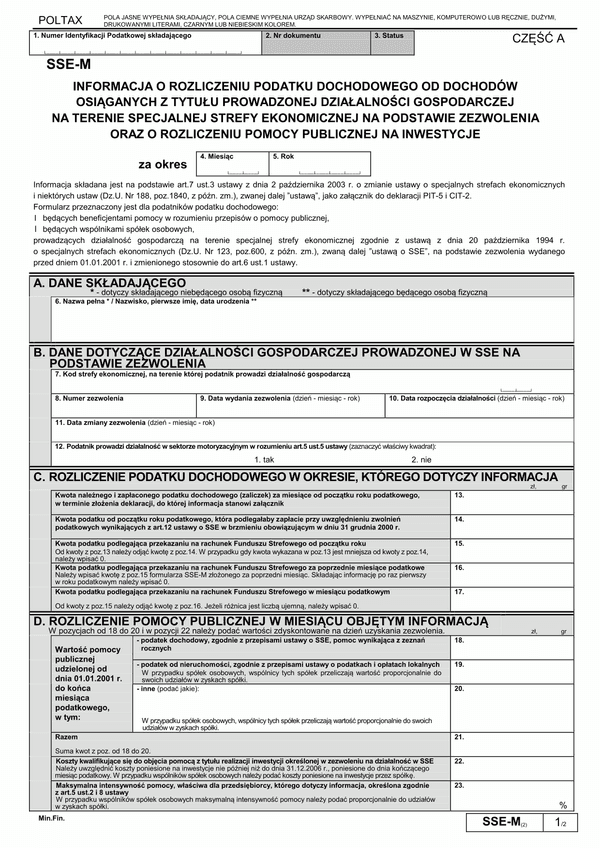 SSE-M (2) (archiwalny) Informacja o rozliczeniu podatku dochodowego od dochodów osiąganych z tytułu prowadzonej działalności gospodarczej na terenie specjalnej strefy ekonomicznej na podstawie zezwolenia