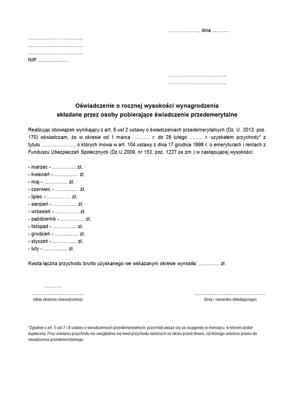 OWPSPO ZUS Oświadczenie o rocznej wysokości przychodów osoby pobierającej świadczenie przedemerytalne (składane przez osobę, której to świadczenie dotyczy)