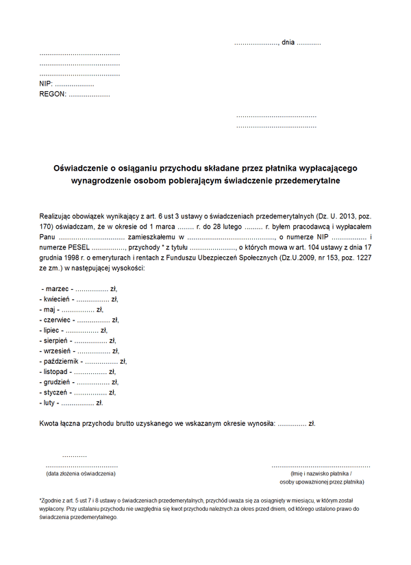 OWPSPP ZUS Oświadczenie o rocznej wysokości przychodów składane przez płatnika / pracodawcę / zleceniodawcę / jednostkę organizacyjną wypłacającego wynagrodzenie osobom pobierającym świadczenie przedemerytalne