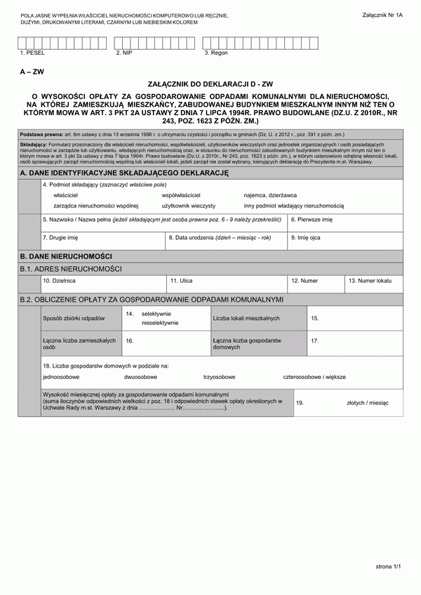 A - ZW (archiwalny) Załącznik do deklaracji D - ZW o wysokości opłaty za gospodarowanie odpadami komunalnymi nieruchomość zamieszkała - Warszawa