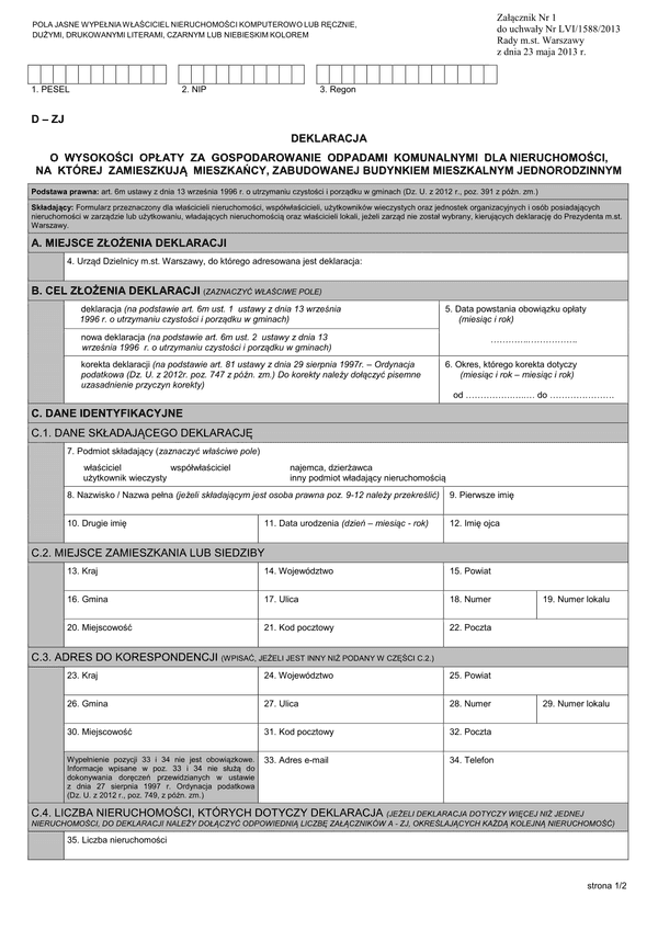 D - ZJ (archiwalny) Deklaracja o wysokości opłaty za gospodarowanie odpadami komunalnymi nieruchomość zamieszkała (budynek jednorodzinny) - Warszawa